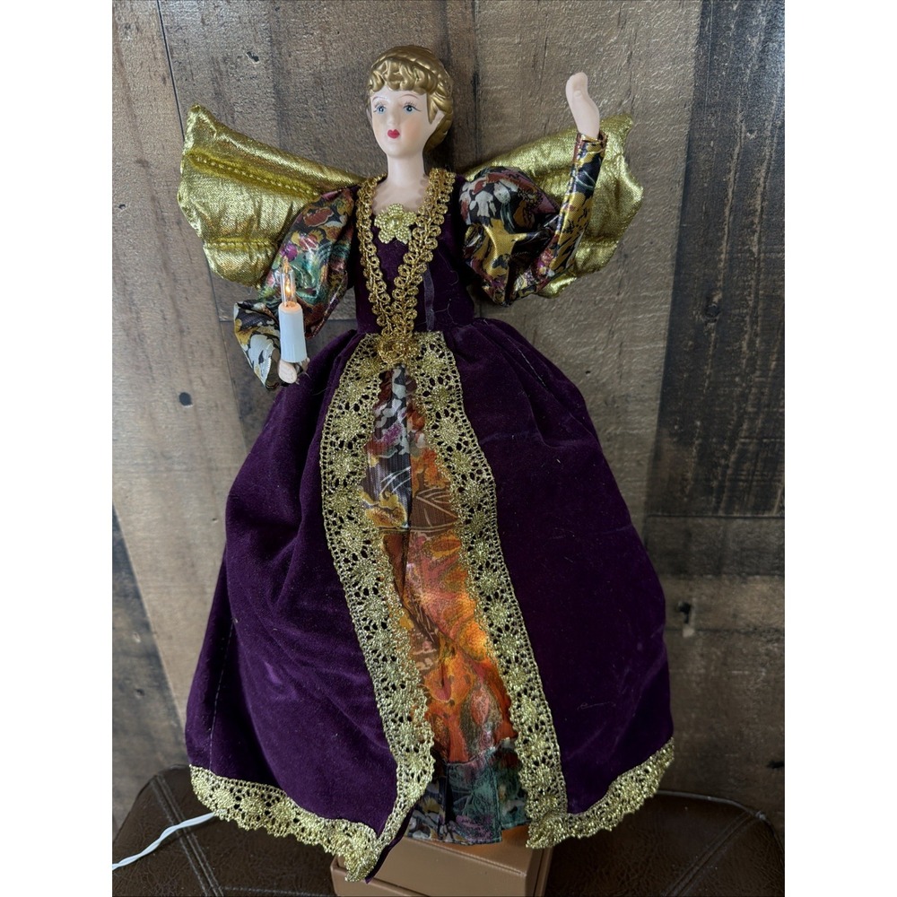 Vintage Lighted Angel Christmas Tree Topper Purple Velvet Gold Porcelain 14" 90s